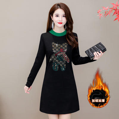 HT-320-1338 2020秋冬新款加绒加厚打底衫中长款大码显瘦烫钻洋气连衣裙 商品图4