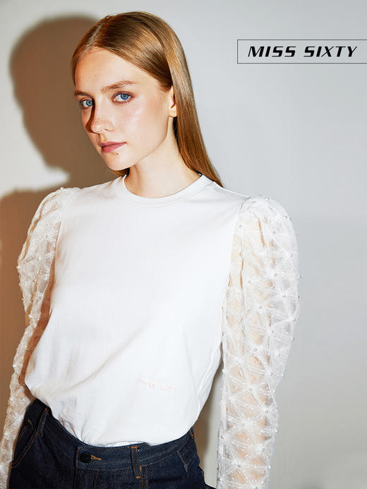 Miss Sixty2020冬季新款拼接珍珠纱上衣长袖T恤女604SJ3510000 商品图2