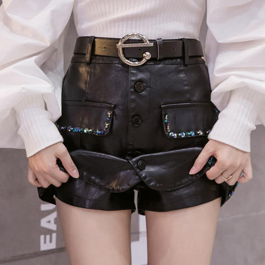 YHSS新款韩版时尚气质高腰手工钉珠PU皮裙裤TZF 商品图1