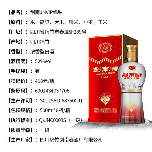 【长期有货】剑南春剑南JNVIP绵钻 52度浓香型白酒 整箱6瓶*500ml包邮 商品图1