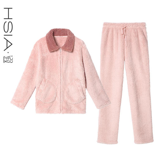 HSIA遐新款撞色翻领拉链舒棉绒家居服套装加绒加厚保暖睡衣女秋冬 商品图1