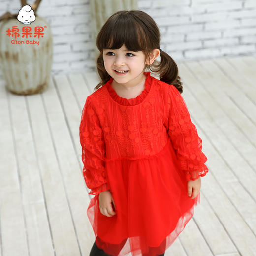 新年款棉果果冬季女童小毛圈长袖新年款喜庆大红色连衣裙M422700420745 商品图0