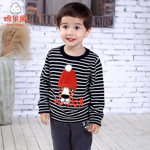 棉果果冬季男童挂里条纹套头毛衣M412160520648 商品图0