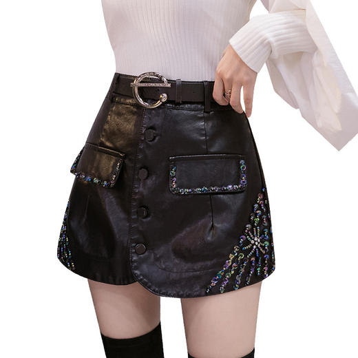 YHSS新款韩版时尚气质高腰手工钉珠PU皮裙裤TZF 商品图4