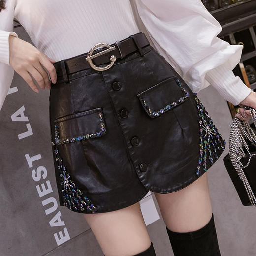 YHSS新款韩版时尚气质高腰手工钉珠PU皮裙裤TZF 商品图2