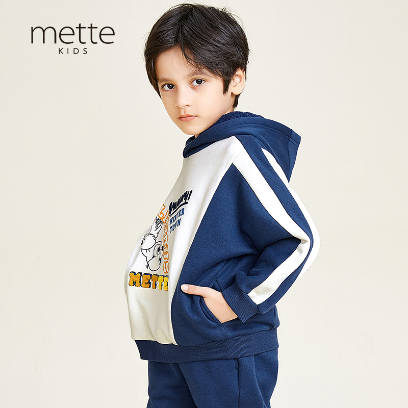 METTE童装冬新品男童连帽卫衣时尚动物印花加绒加厚上衣保暖外套