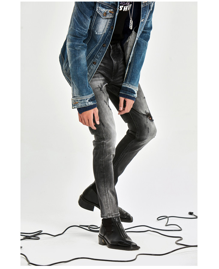 志尚力合深灰马骝刷白修身牛仔裤blackshark