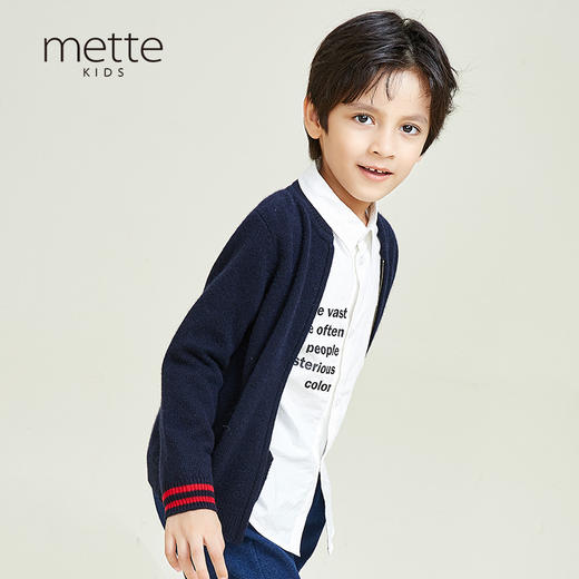 mette羊绒世家童装100%山羊绒开衫外套中大童男宝棒球领针织外套 商品图0