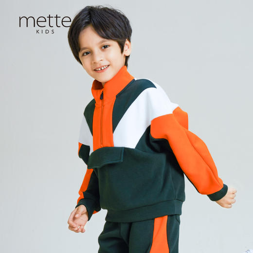 METTE童装男童偏厚加绒卫衣2020冬季中大童时尚撞色立领套头上衣 商品图0