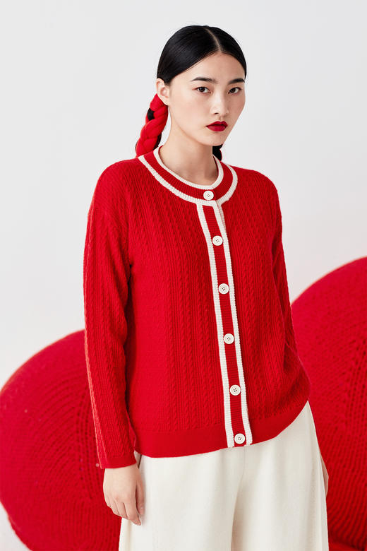  秋冬 撞色绞花针织羊绒女开衫 SJF92W144A 商品图0