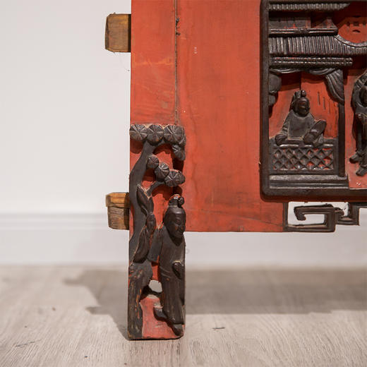 清代朱红漆透雕人物故事画板