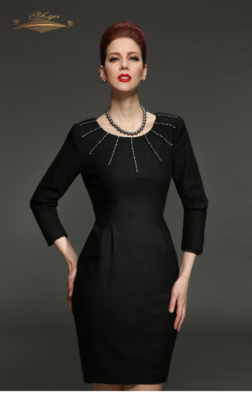 【断码】M/L/LD/XXL/XXXL码•YIQU |“雍容华贵”烫钻款连身裙（高贵黑·含45%羊毛） 商品图0