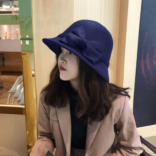 【百搭时装帽礼帽】女士秋冬新款大蝴蝶结毛呢帽韩版休闲百搭时装帽圆顶盆帽 商品图7