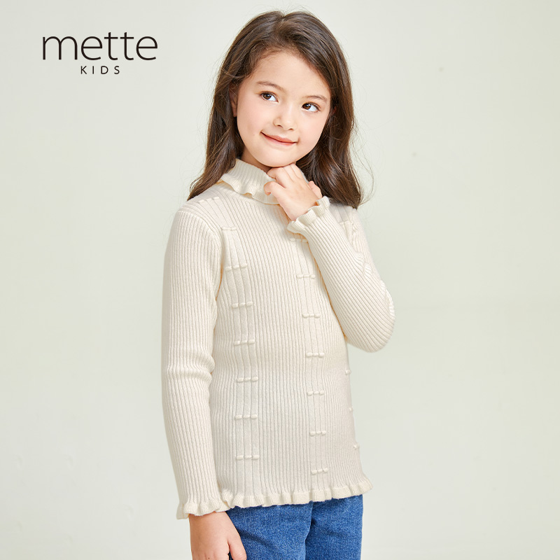 METTE羊绒世家童装女宝100%山羊绒衫中大童高领弹力修身保暖毛衣