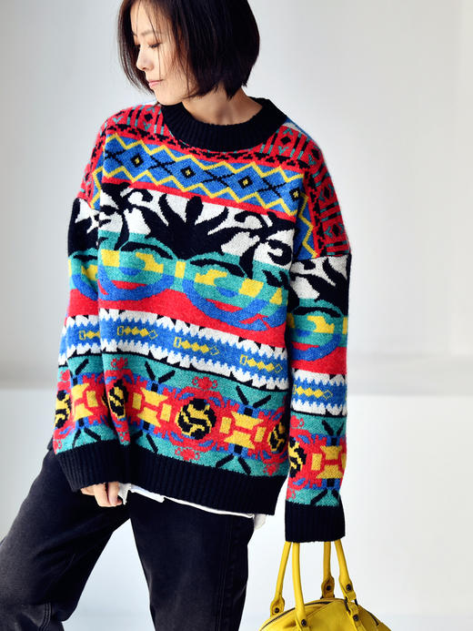 包邮m9563c圣诞款休闲文艺彩色织花宽松百搭圆领套头毛衣女冬