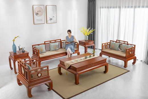 红桥红  家具严选  缅甸花梨（大果紫檀）  【嵌云石 梳背沙发 123 六件套】 商品图0