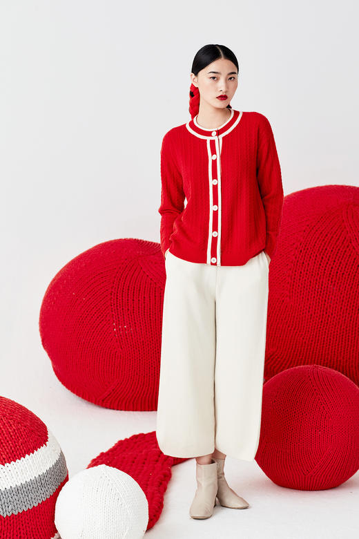  秋冬 撞色绞花针织羊绒女开衫 SJF92W144A 商品图1