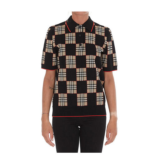 BURBERRY 巴宝莉 女士棋盘格纹美利奴羊毛混纺提花短袖针织 Polo 衫 混色 8030053 A7556 商品图0