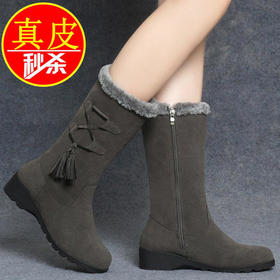 JXG-紅晴綖真皮雪地靴加绒保暖棉鞋防滑中筒妈妈女靴