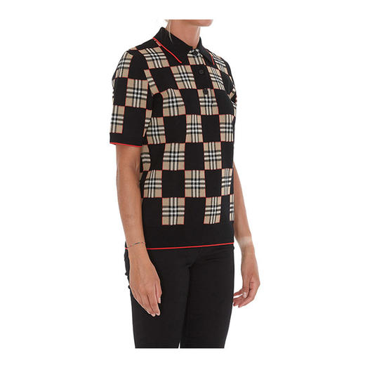BURBERRY 巴宝莉 女士棋盘格纹美利奴羊毛混纺提花短袖针织 Polo 衫 混色 8030053 A7556 商品图1