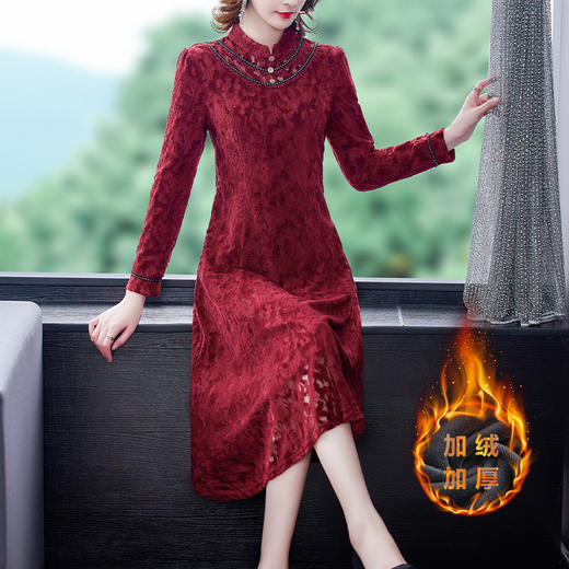 AHM-xpj1773新款时尚优雅气质修身立领长袖蕾丝加绒连衣裙TZF 商品图1