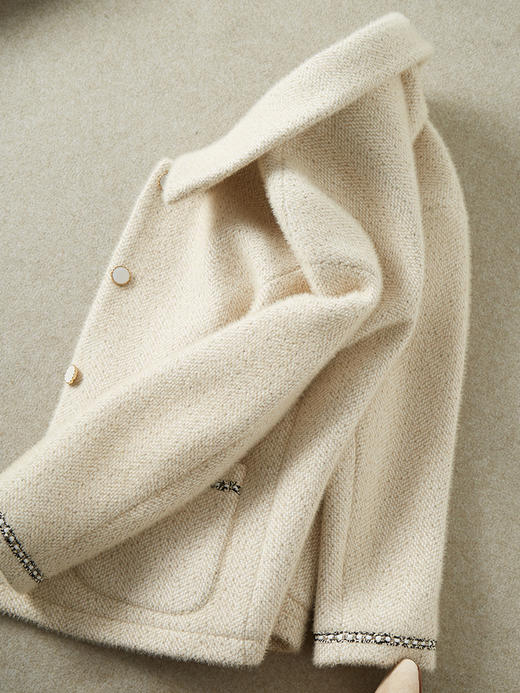 重工小香名媛风秋冬通勤粗花呢织带燕麦色长袖毛呢外套女12