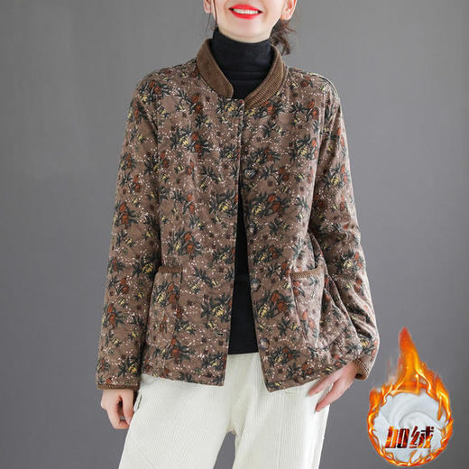 YQ-HP9675 文艺复古碎花女加绒加厚保暖冬季灯芯绒拼接短外套 商品图2