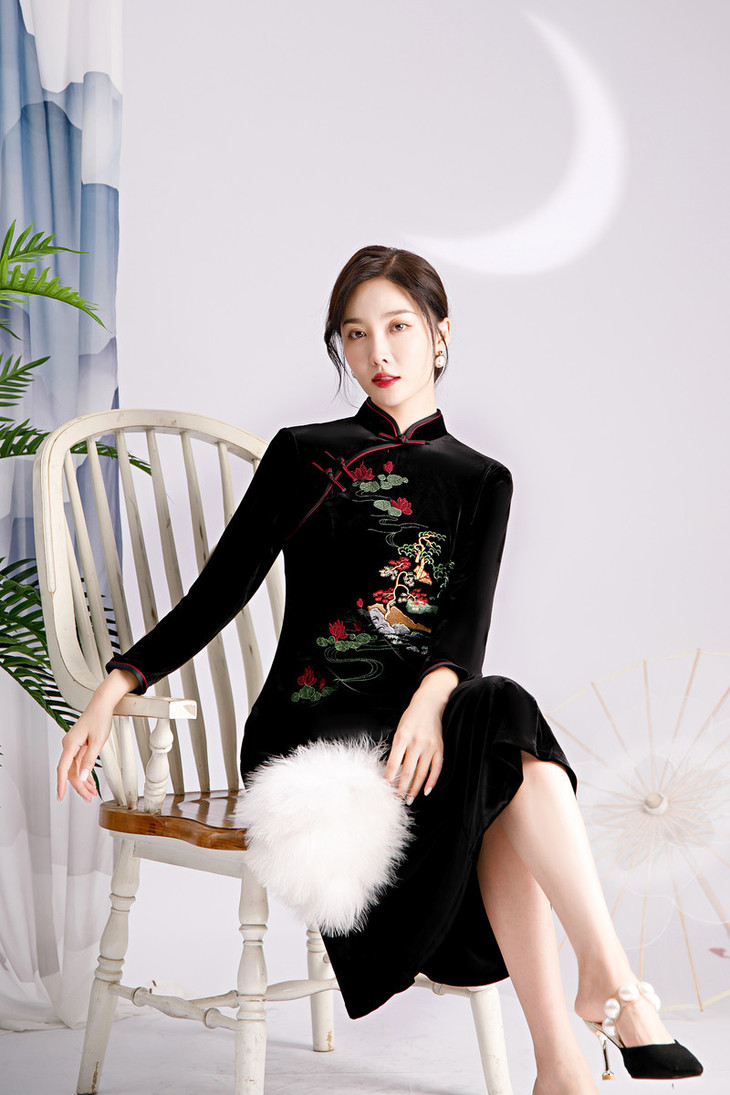 sky281036时尚改良金丝绒大码旗袍大摆裙