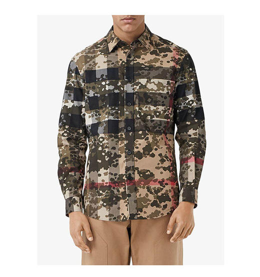 BURBERRY 巴宝莉 男士迷彩格纹弹力棉府绸长袖衬衫 混色 8029830 A7168 商品图1