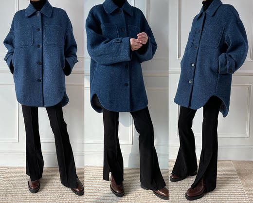 HIDEMI日本加厚粗花呢口袋设计感衬衫式羊毛大衣 商品图10