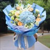 当幸福来敲门      蓝色绣球一个，11朵香槟玫瑰，5支桔梗，1支多头百合，尤加利搭配（3039） 商品缩略图0