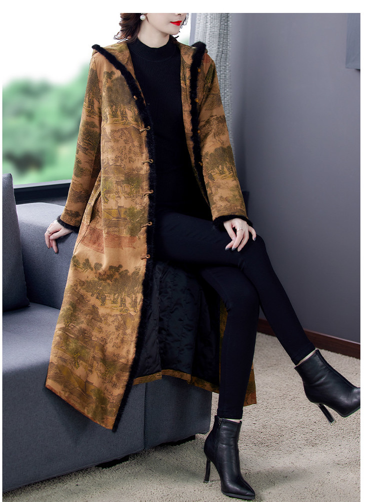 ahmmyx8633香云纱棉服长款过膝妈妈装夹棉连帽棉衣长外套