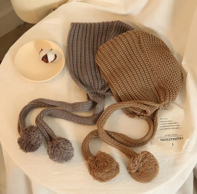 日系毛线帽女秋冬天纯色保暖韩版甜美可爱韩版护耳包头毛球针织帽