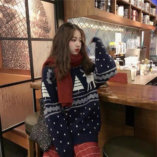 2025新款韩版圣诞毛衣女森系宽松中长款圆领套头红色新年针织上衣七夕情人节 商品图1
