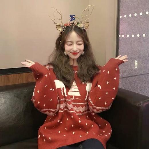 2025新款韩版圣诞毛衣女森系宽松中长款圆领套头红色新年针织上衣七夕情人节 商品图2