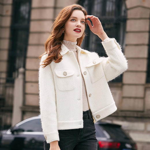 《sr#春季新品》时尚气质短款小个子翻领保暖白色外套
