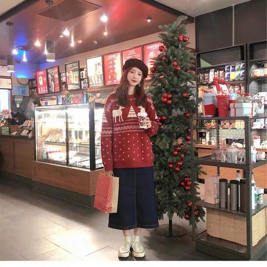 2025新款韩版圣诞毛衣女森系宽松中长款圆领套头红色新年针织上衣七夕情人节 商品图4