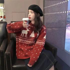 2025新款韩版圣诞毛衣女森系宽松中长款圆领套头红色新年针织上衣七夕情人节