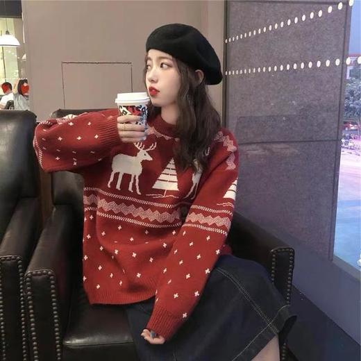 2025新款韩版圣诞毛衣女森系宽松中长款圆领套头红色新年针织上衣七夕情人节 商品图0