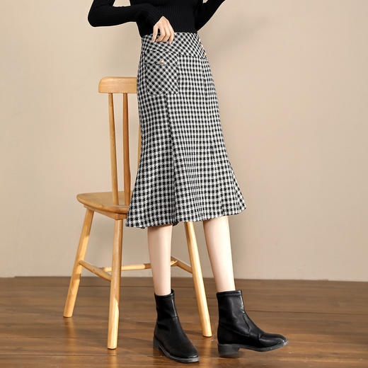 《sr#冬季新品》经典黑白格纹包臀女式鱼尾裙加厚气质百搭半身裙