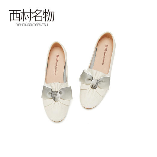西村名物秋季新款单鞋平跟圆头牛皮革百搭蝴蝶结浅口女鞋T20CM32571 商品图2