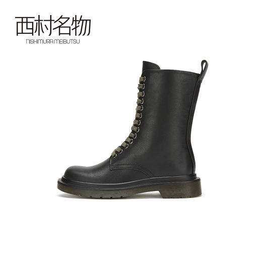 西村名物2020冬季新款朋克风机车女靴牛皮军绿色系带马丁靴X20DC41901 商品图3