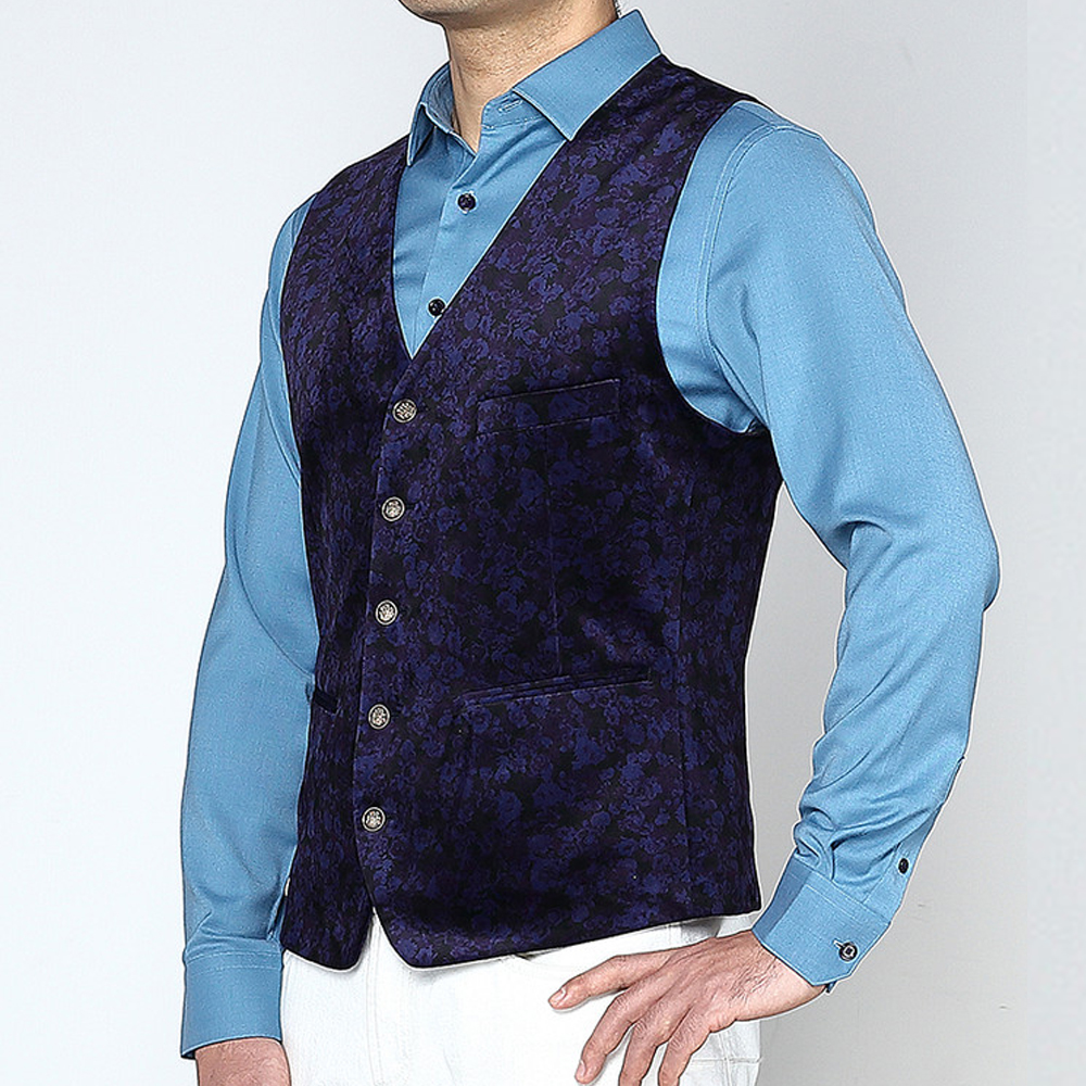 Marco Azzali 黑藏青底群青色印花马甲 D3704100