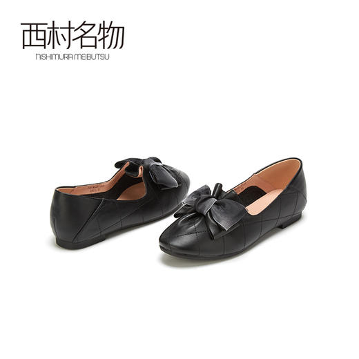 西村名物秋季新款单鞋平跟圆头牛皮革百搭蝴蝶结浅口女鞋T20CM32571 商品图3
