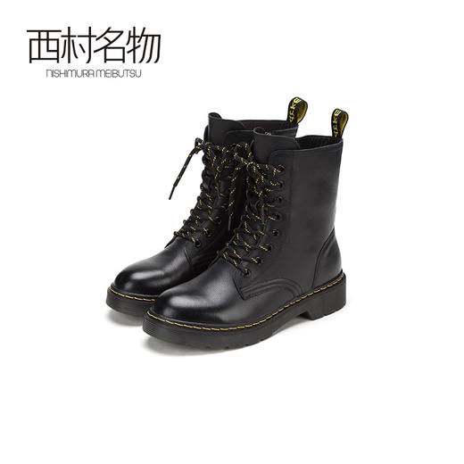 西村名物2020冬季新款牛皮马丁靴加绒平底百搭女靴T29DC44951 商品图1