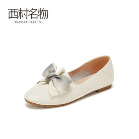 西村名物秋季新款单鞋平跟圆头牛皮革百搭蝴蝶结浅口女鞋T20CM32571