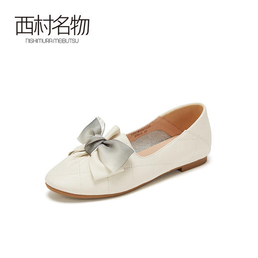 西村名物秋季新款单鞋平跟圆头牛皮革百搭蝴蝶结浅口女鞋T20CM32571 商品图0