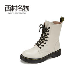 西村名物2020冬季新款牛皮马丁靴加绒平底百搭女靴T29DC44951