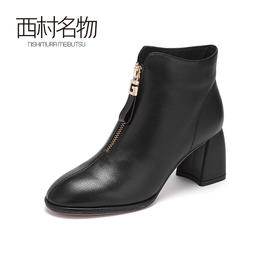 西村名物2020冬季新款鬼帝靴牛皮革拉链高跟粗跟休闲女靴T20DS40411