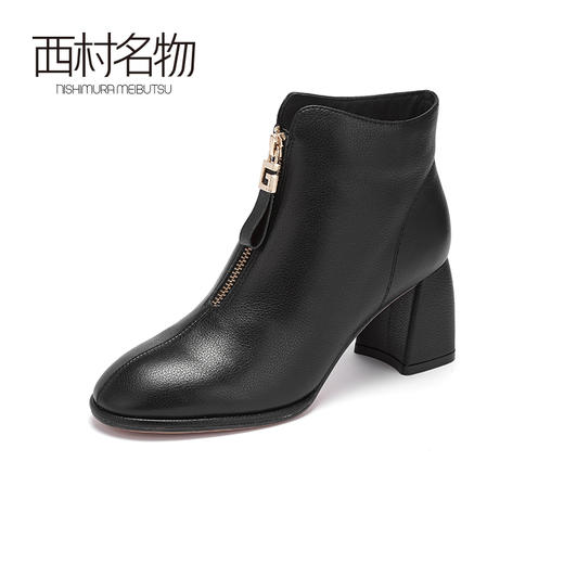 西村名物2020冬季新款鬼帝靴牛皮革拉链高跟粗跟休闲女靴T20DS40411 商品图0